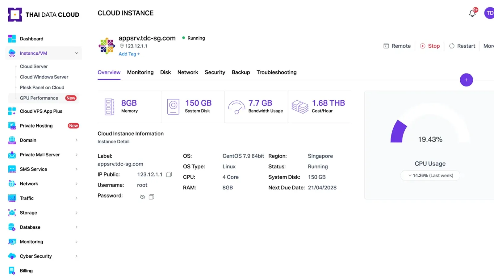 หน้า Cloud Instance ในคอนโซล TDC Enterprise ของ THAI DATA CLOUD แสดงเมนู Cloud Server, Private Mail Server และแท็บ Overview, Monitoring, Disk, Network, Security, Backup พร้อมปุ่ม Remote, Stop และ Restart