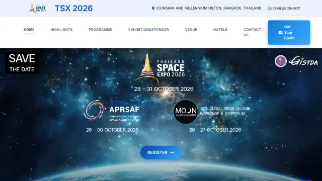 หน้าแรกเว็บไซต์ Thailand Space Expo 2026 ของ GISTDA แบนเนอร์ระบุวันจัดงาน 28–31 ตุลาคม 2026 พร้อมการประชุม APRSAF ครั้งที่ 32 และ 10th Global Moon Village Workshop & Symposium ที่ไอคอนสยาม กรุงเทพฯ