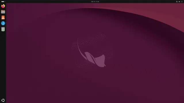 หน้าจอเดสก์ท็อป Ubuntu 26.10 Stonking Stingray พร้อมวอลเปเปอร์ปลากระเบนสีม่วงแดงและแถบ Dock ด้านซ้าย