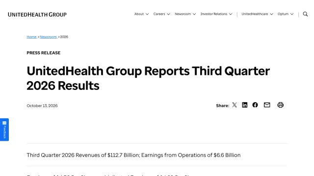 หน้าแถลงข่าว UnitedHealth Group Reports Third Quarter 2026 Results ลงวันที่ 13 ตุลาคม 2026 แสดงรายได้ 112.7 พันล้านดอลลาร์ กำไรจากการดำเนินงาน 6.6 พันล้านดอลลาร์ และกำไรต่อหุ้น 4.56 ดอลลาร์