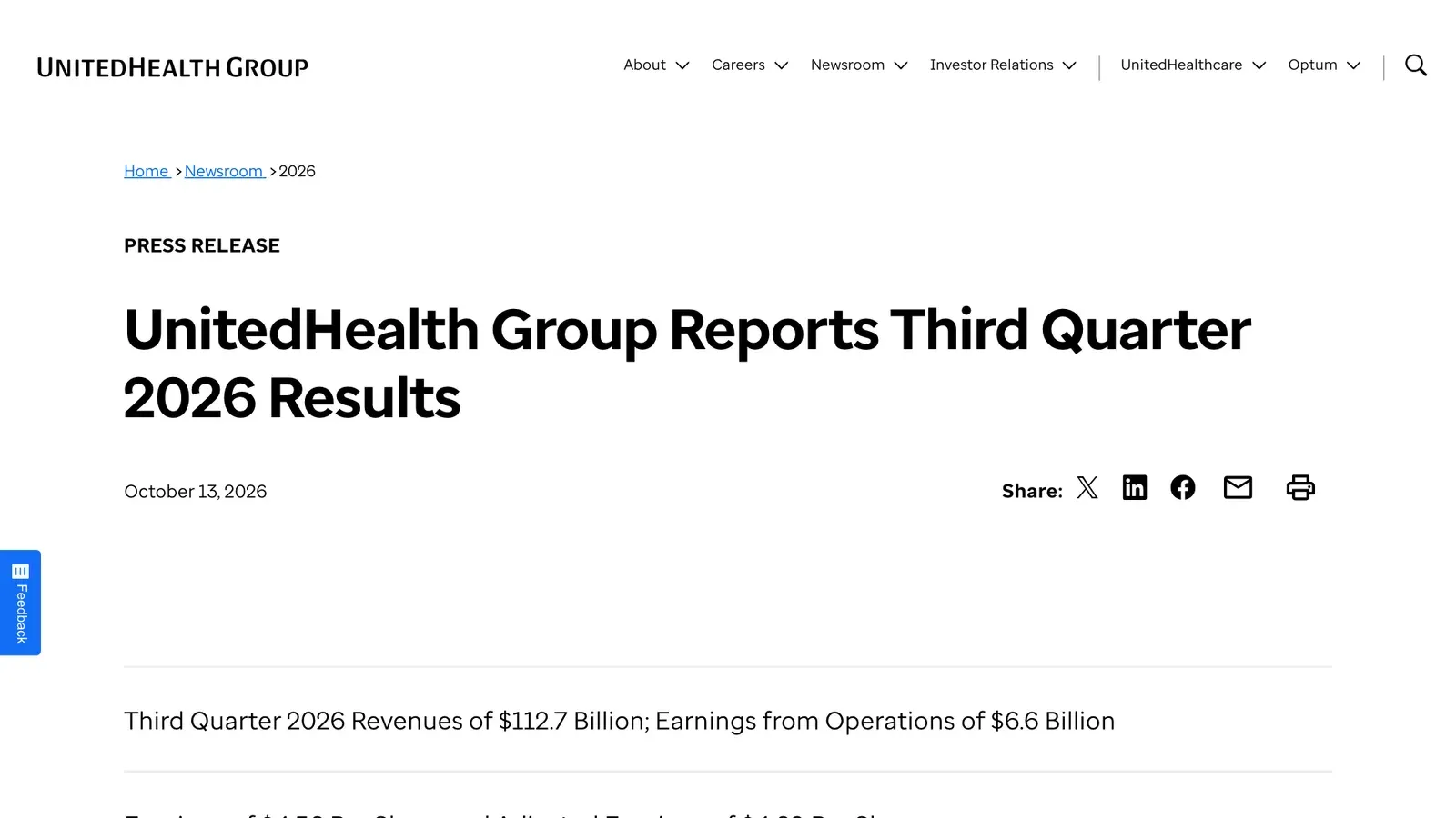 หน้าแถลงข่าว UnitedHealth Group Reports Third Quarter 2026 Results ลงวันที่ 13 ตุลาคม 2026 แสดงรายได้ 112.7 พันล้านดอลลาร์ กำไรจากการดำเนินงาน 6.6 พันล้านดอลลาร์ และกำไรต่อหุ้น 4.56 ดอลลาร์