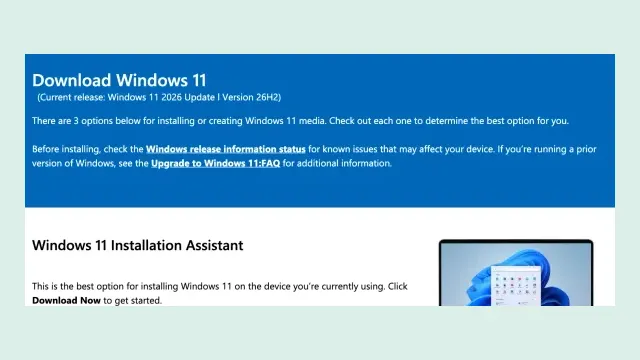 หน้า Download Windows 11 ของ Microsoft ระบุรุ่นปัจจุบัน Windows 11 2026 Update เวอร์ชัน 26H2 และตัวเลือก Windows 11 Installation Assistant