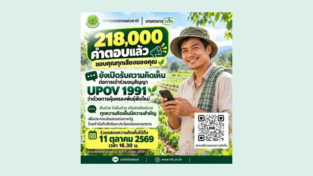 อินโฟกราฟิกของสภาเกษตรกรแห่งชาติ แจ้งว่ามีผู้ตอบความเห็นต่อการเข้าร่วมอนุสัญญา UPOV 1991 แล้ว 218,000 คำตอบ ณ 7 ตุลาคม 2569 และเปิดรับถึง 11 ตุลาคม 2569 เวลา 16.30 น.