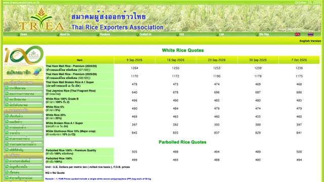 ตารางราคาข้าวส่งออก F.O.B. ประจำสัปดาห์ของสมาคมผู้ส่งออกข้าวไทย ข้าวขาว 5% ราคา 479 ดอลลาร์ต่อตันวันที่ 7 ตุลาคม 2026