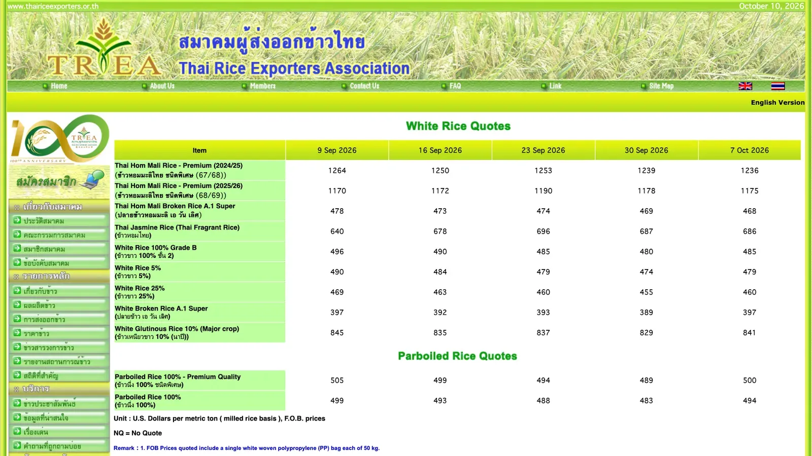 ตารางราคาข้าวส่งออก F.O.B. ประจำสัปดาห์ของสมาคมผู้ส่งออกข้าวไทย ข้าวขาว 5% ราคา 479 ดอลลาร์ต่อตันวันที่ 7 ตุลาคม 2026