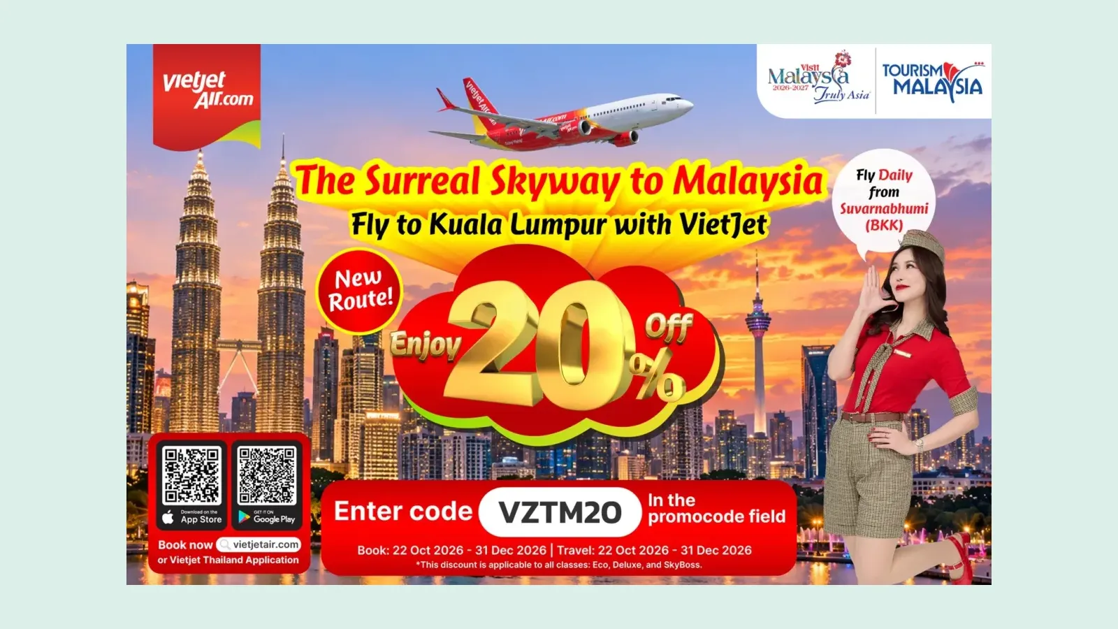 โปสเตอร์โปรเวียตเจ็ท กัวลาลัมเปอร์ ลด 20% The Surreal Skyway to Malaysia กรอกโค้ด VZTM20 จองและเดินทาง 22 ต.ค.–31 ธ.ค. 2026 ใช้ได้ทุกชั้นโดยสาร Eco Deluxe SkyBoss