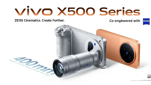 ภาพเปิดตัว vivo X500 series ทั่วโลก แสดง X500 Pro Max สีเงินต่อด้ามจับและเลนส์เสริม 400 มม. คู่กับเครื่องสีส้ม