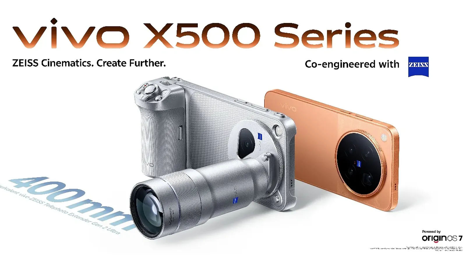 ภาพเปิดตัว vivo X500 series ทั่วโลก แสดง X500 Pro Max สีเงินต่อด้ามจับและเลนส์เสริม 400 มม. คู่กับเครื่องสีส้ม
