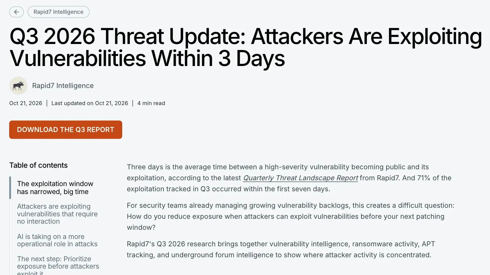 บทความ Q3 2026 Threat Update: Attackers Are Exploiting Vulnerabilities Within 3 Days ของ Rapid7 วันที่ 21 ตุลาคม 2026 ระบุว่าช่องโหว่ร้ายแรงถูกโจมตีเฉลี่ย 3 วันหลังเปิดเผย 71% ภายใน 7 วัน 80% ภายใน 14 วัน และ 90% ภายใน 30 วัน