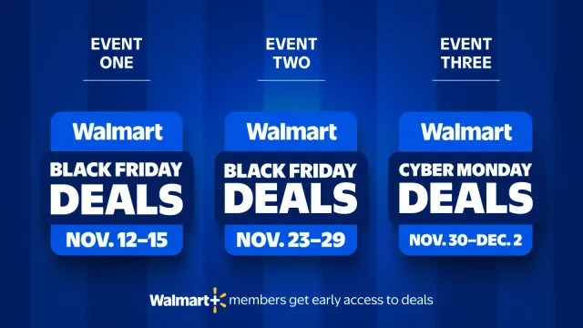 ภาพประกาศ Walmart Black Friday 2026 สามรอบ: Black Friday Deals 12–15 พ.ย. และ 23–29 พ.ย. กับ Cyber Monday Deals 30 พ.ย.–2 ธ.ค. สมาชิก Walmart+ เข้าถึงดีลก่อน