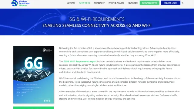 หน้ารายงาน 6G & Wi-Fi Requirements ของ Wireless Broadband Alliance แสดงภาพปกรายงานและคำอธิบายว่า 6G กับ Wi-Fi ต้องทำงานร่วมกันเพื่อการเชื่อมต่อที่ไร้รอยต่อ