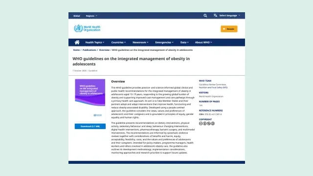 หน้าเผยแพร่แนวทาง WHO guidelines on the integrated management of obesity in adolescents ลงวันที่ 7 ตุลาคม 2026 สำหรับวัยรุ่นอายุ 10–19 ปี