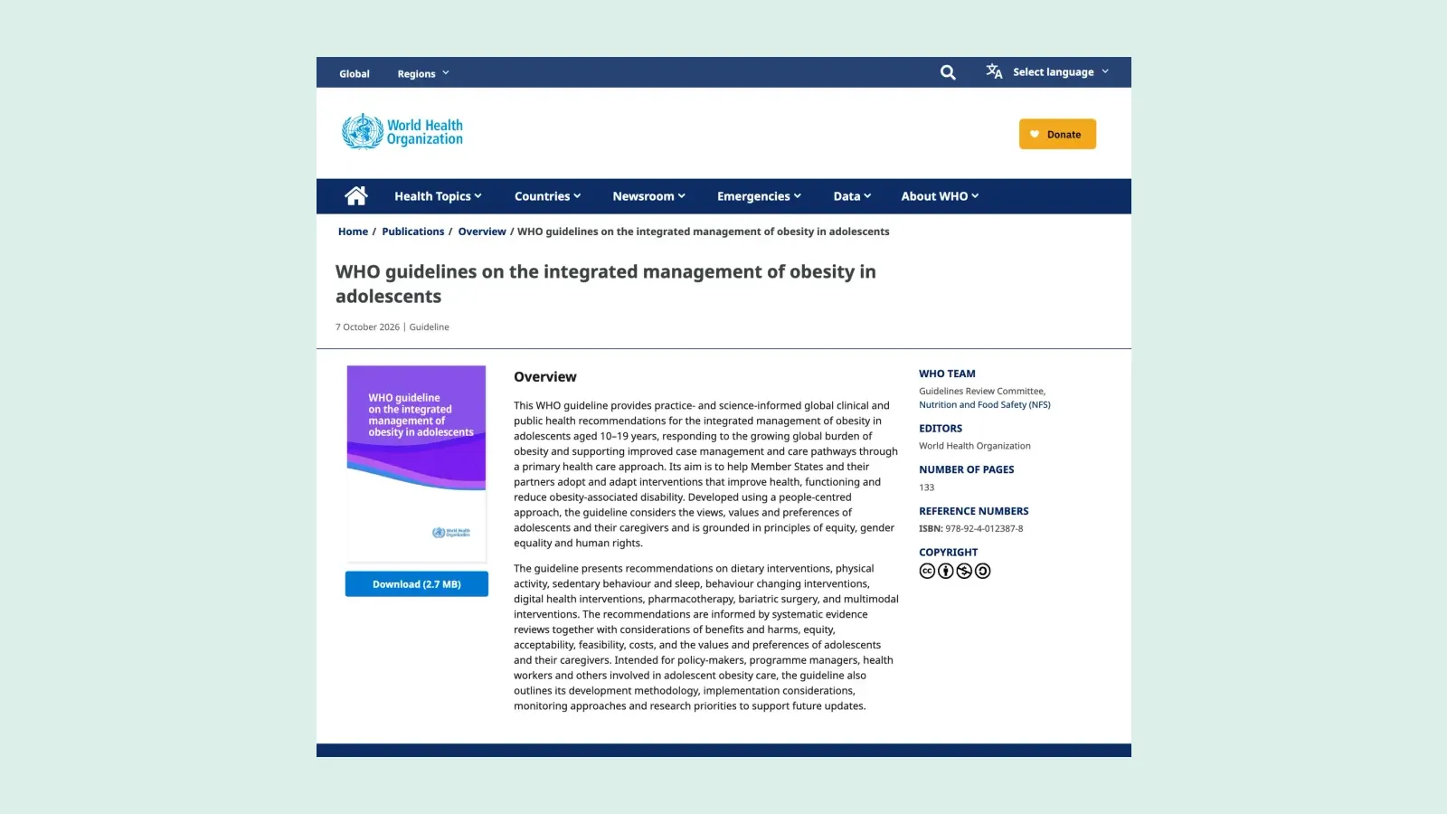 หน้าเผยแพร่แนวทาง WHO guidelines on the integrated management of obesity in adolescents ลงวันที่ 7 ตุลาคม 2026 สำหรับวัยรุ่นอายุ 10–19 ปี