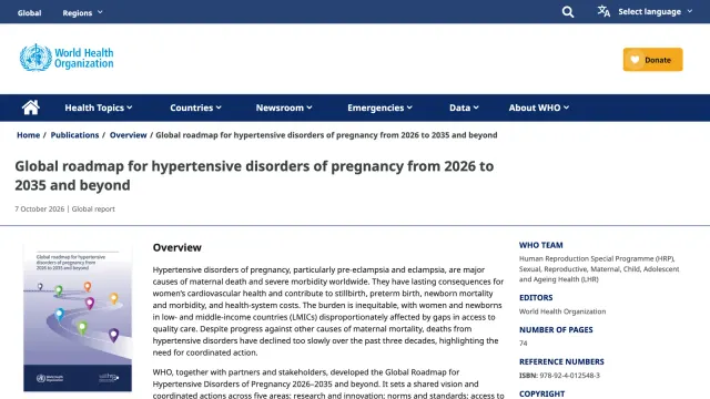 หน้าเอกสาร Global roadmap for hypertensive disorders of pregnancy from 2026 to 2035 and beyond ของ WHO แผนโลกรับมือครรภ์เป็นพิษและความดันโลหิตสูงขณะตั้งครรภ์ เผยแพร่ 7 ตุลาคม 2026