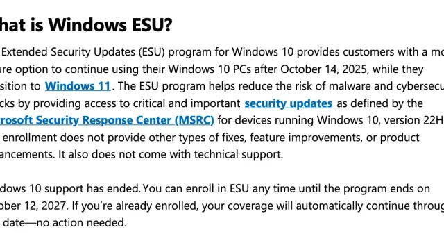 หน้า Windows 10 Consumer Extended Security Updates ของ Microsoft หัวข้อ What is Windows ESU? ระบุว่าลงทะเบียน Windows 10 ESU ได้จนโปรแกรมสิ้นสุด October 12, 2027
