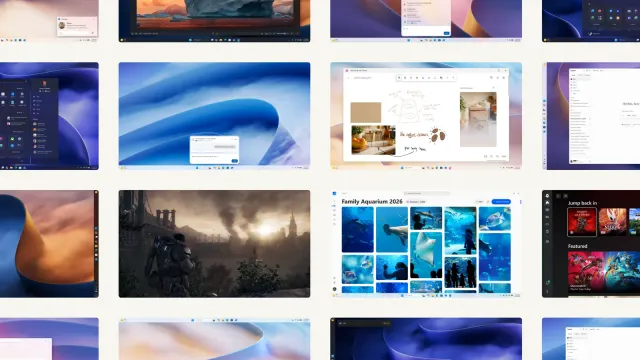 ภาพประกอบประกาศ What's new in Windows 11 ของ Microsoft แสดงหน้าจอ Windows 11 หลายแบบ เช่น แกลเลอรีของแอป Photos และหน้าจอเกม