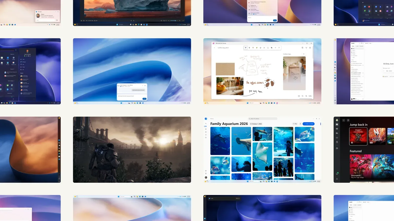 ภาพประกอบประกาศ What's new in Windows 11 ของ Microsoft แสดงหน้าจอ Windows 11 หลายแบบ เช่น แกลเลอรีของแอป Photos และหน้าจอเกม