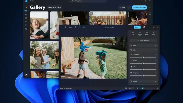 Windows 11 Photos ใหม่ แสดงหน้า Gallery รวมภาพครอบครัว ซ้อนกับหน้าต่าง Editor ที่กำลังปรับแสงและสีของภาพเด็ก