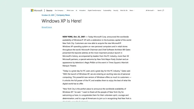 หน้าข่าวประชาสัมพันธ์ Windows XP Is Here! ของ Microsoft ลงวันที่ 25 ตุลาคม 2001 ประกาศวางจำหน่าย Windows XP ทั่วโลกจากนิวยอร์ก วันที่ใช้นับ Windows XP 25 ปี