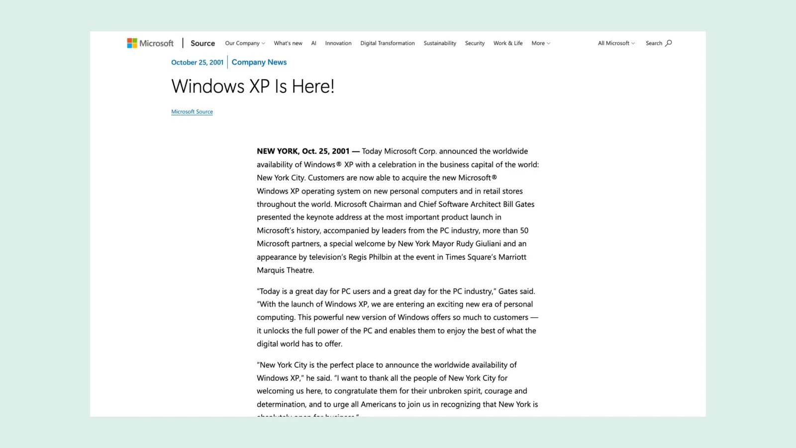หน้าข่าวประชาสัมพันธ์ Windows XP Is Here! ของ Microsoft ลงวันที่ 25 ตุลาคม 2001 ประกาศวางจำหน่าย Windows XP ทั่วโลกจากนิวยอร์ก วันที่ใช้นับ Windows XP 25 ปี