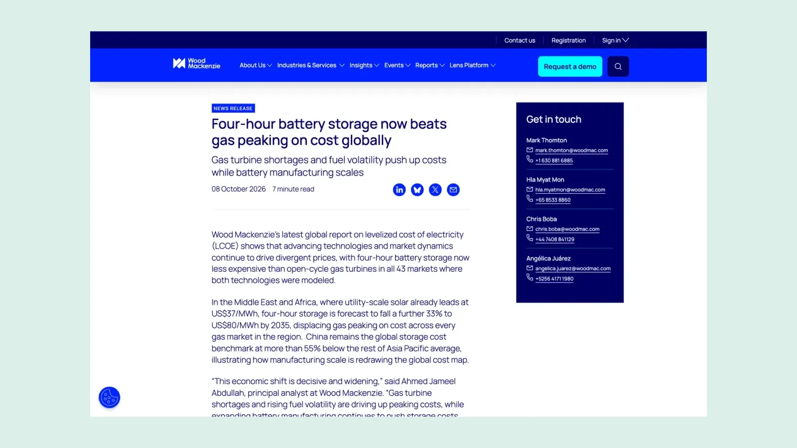 หน้าประกาศของ Wood Mackenzie วันที่ 8 ตุลาคม 2026 หัวข้อแบตเตอรี่ 4 ชั่วโมงมีต้นทุนต่ำกว่าโรงไฟฟ้าก๊าซแบบ peaking ทั่วโลก