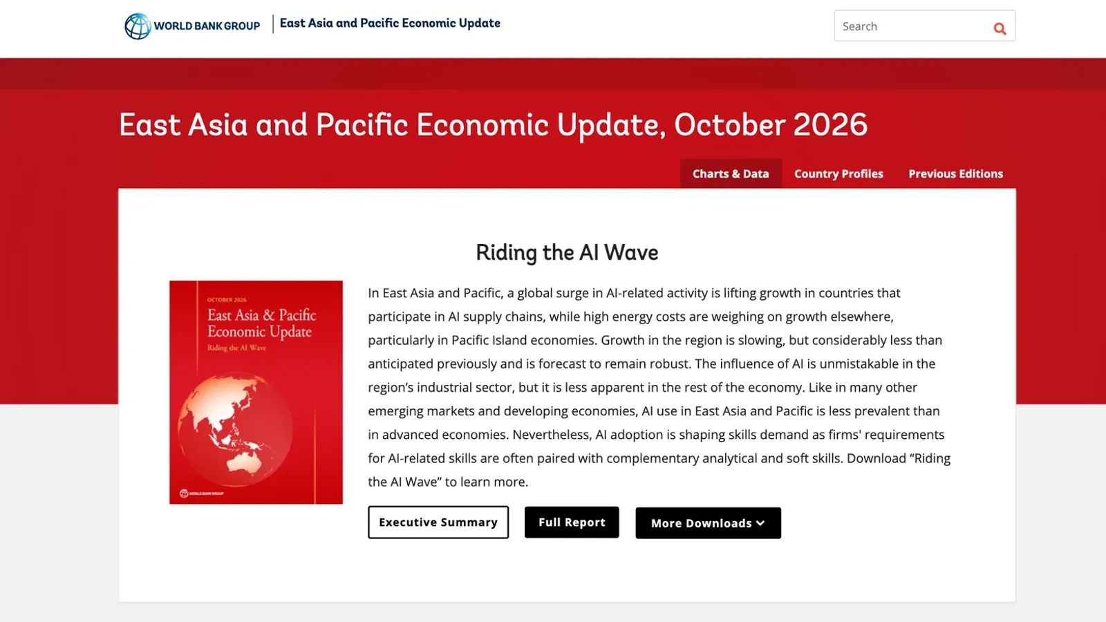 หน้าเว็บรายงาน East Asia and Pacific Economic Update ฉบับตุลาคม 2026 ของธนาคารโลก หัวข้อ Riding the AI Wave พร้อมปกรายงาน