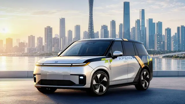 รถ XPENG YOYO สีเงินจอดริมแม่น้ำหน้าเส้นขอบฟ้ากว่างโจว ภาพประกอบประกาศ XPENG Robotaxi L4 ได้สิทธิ์เดินรถสาธิตทั่วเมือง 26 ตุลาคม 2026