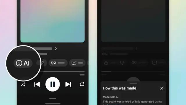 ตัวอย่างหน้าจอ YouTube Music ที่มีป้ายเพลง AI บนหน้าเล่นเพลง และเมนู How this was made ระบุ Made with AI