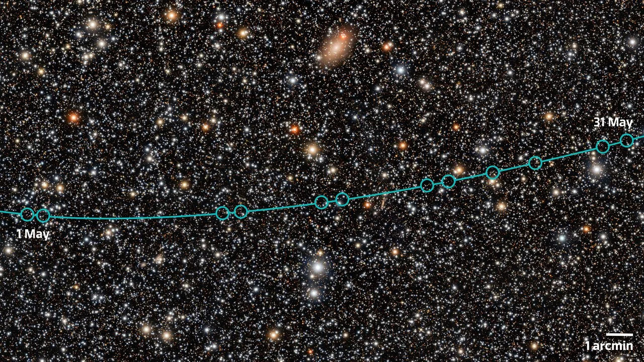 เส้นทางของ 2026 ED138 ระหว่างเดือนพฤษภาคม 2026 ในภาพท้องฟ้าจากกล้อง Rubin