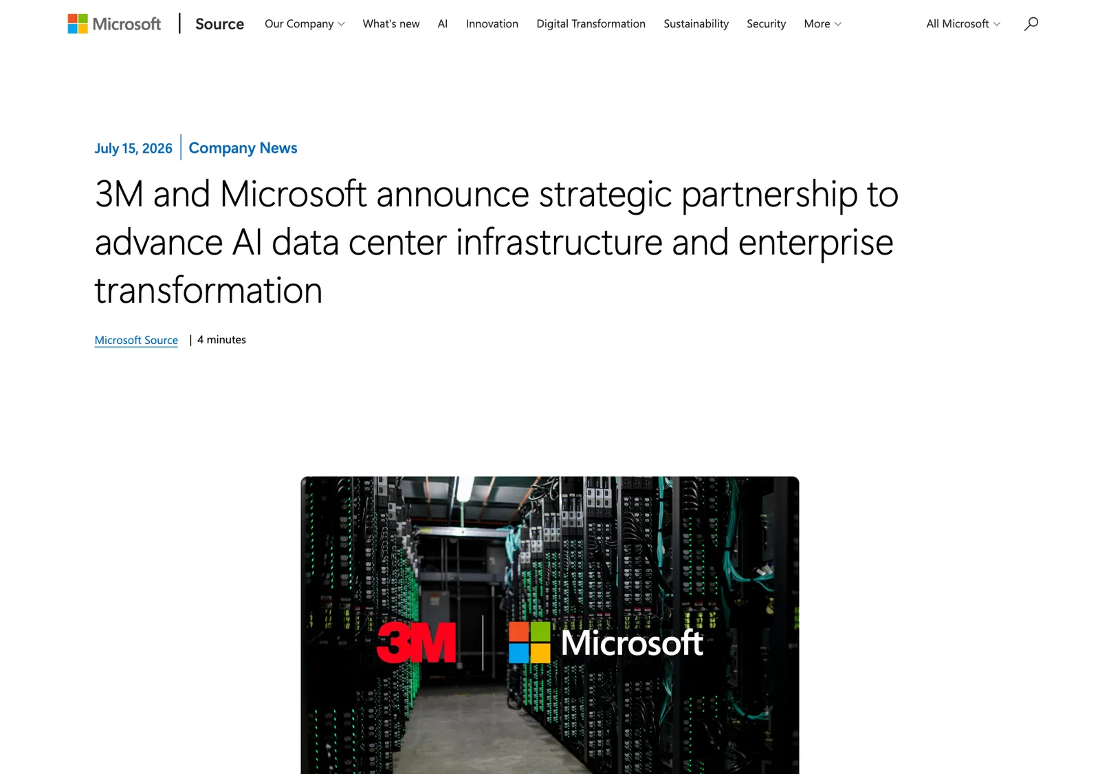 หน้าประกาศของ Microsoft เมื่อ 15 กรกฎาคม 2026 เรื่องความร่วมมือ 3M และ Microsoft ด้านโครงสร้างพื้นฐานดาต้าเซ็นเตอร์ AI ที่ Azure จะใช้ EBO ของ 3M