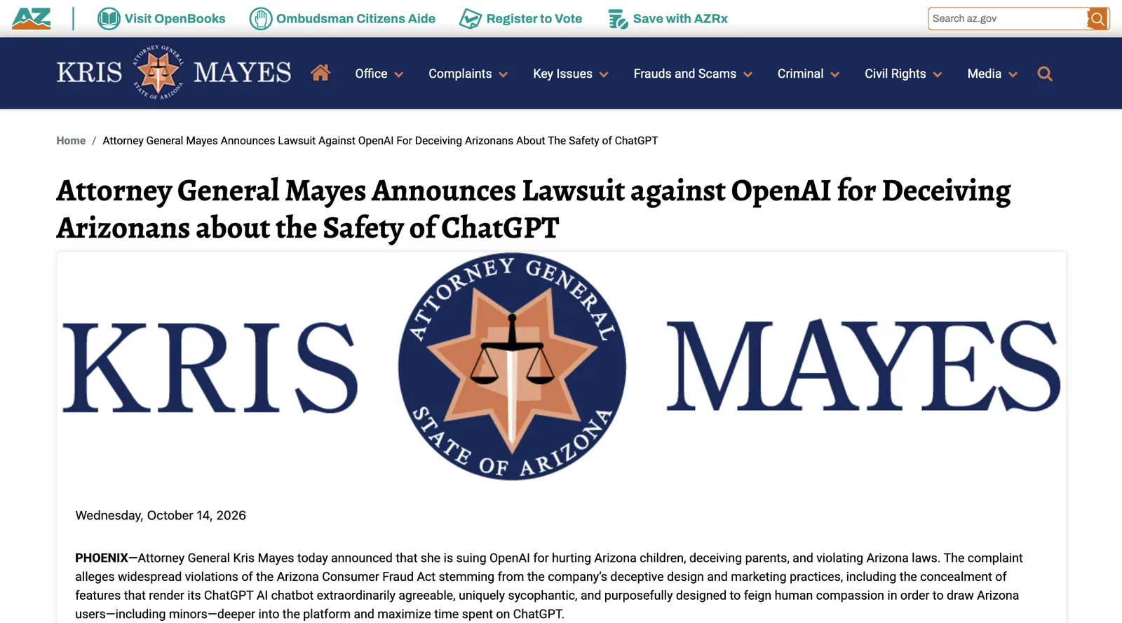 ประกาศข่าวของอัยการสูงสุดแอริโซนา Kris Mayes ลงวันที่ 14 ตุลาคม 2026 เรื่องฟ้อง OpenAI ตาม Arizona Consumer Fraud Act