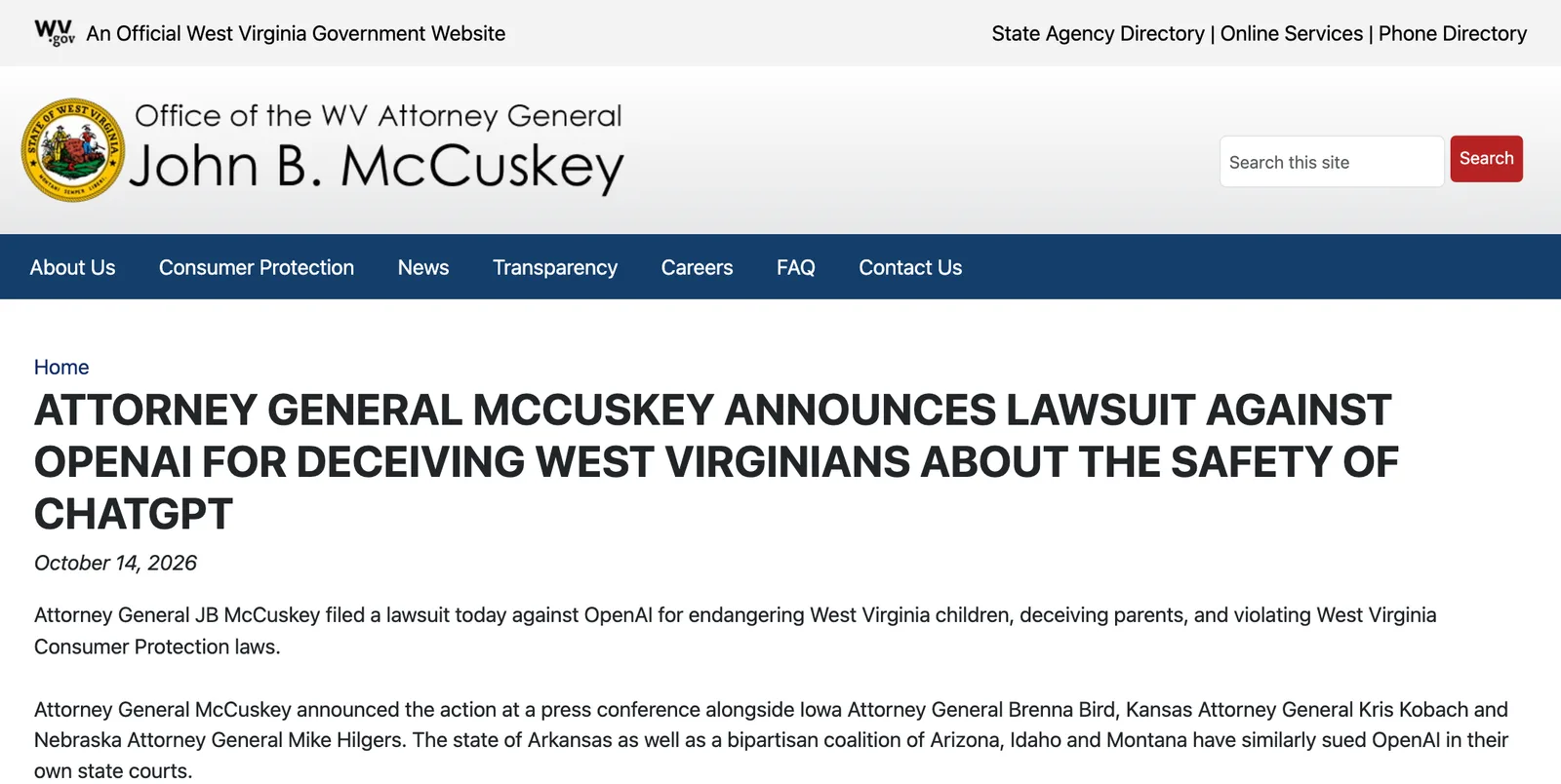 ประกาศข่าวของอัยการสูงสุดเวสต์เวอร์จิเนีย JB McCuskey ลงวันที่ 14 ตุลาคม 2026 เรื่องฟ้อง OpenAI ตามกฎหมายคุ้มครองผู้บริโภคของรัฐ