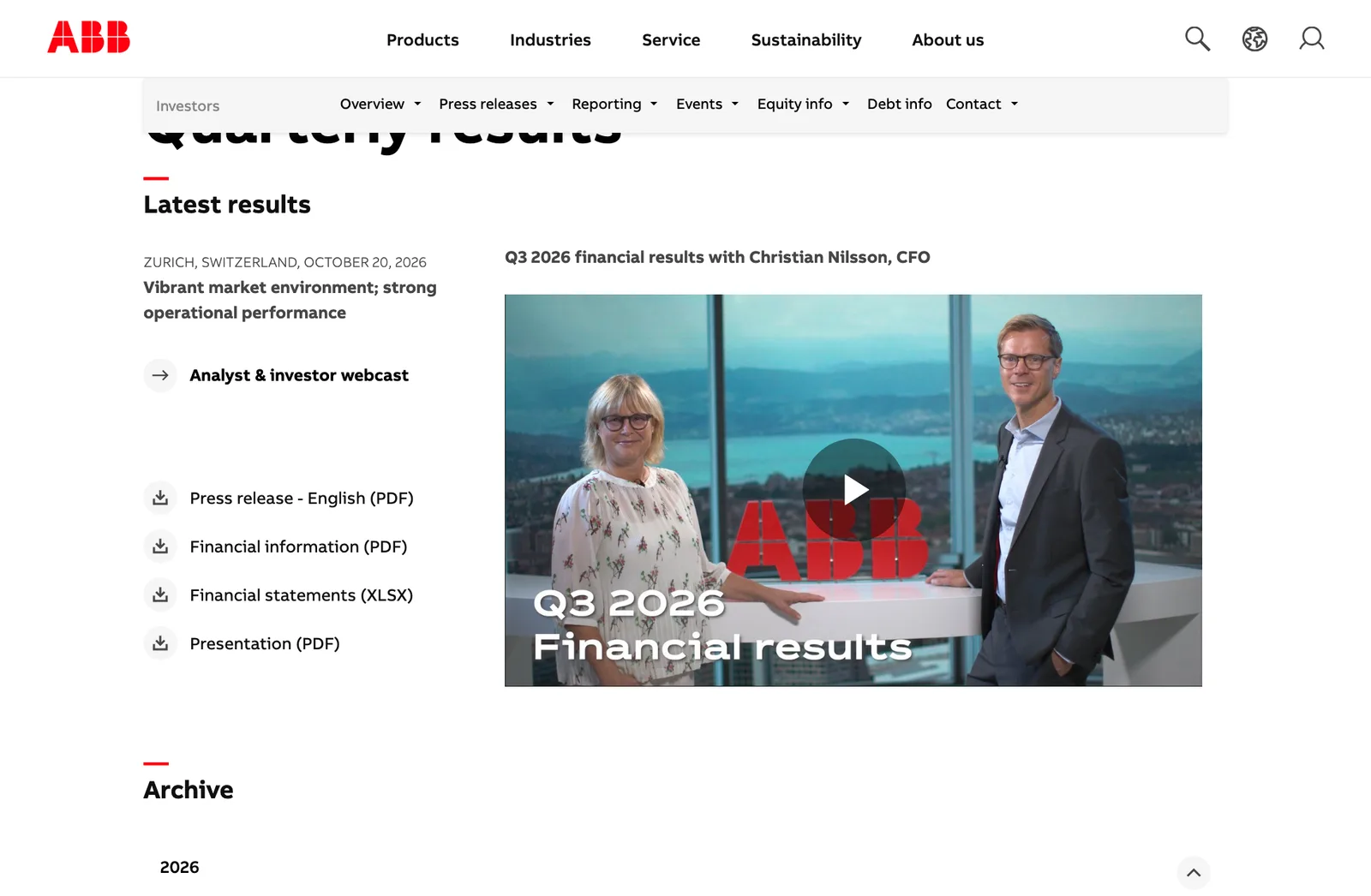 หน้าผลประกอบการรายไตรมาสของ ABB ประกาศผล ABB ไตรมาส 3 ปี 2026 ลงวันที่ 20 ตุลาคม 2026 พร้อมเอกสารข่าวและงบการเงิน