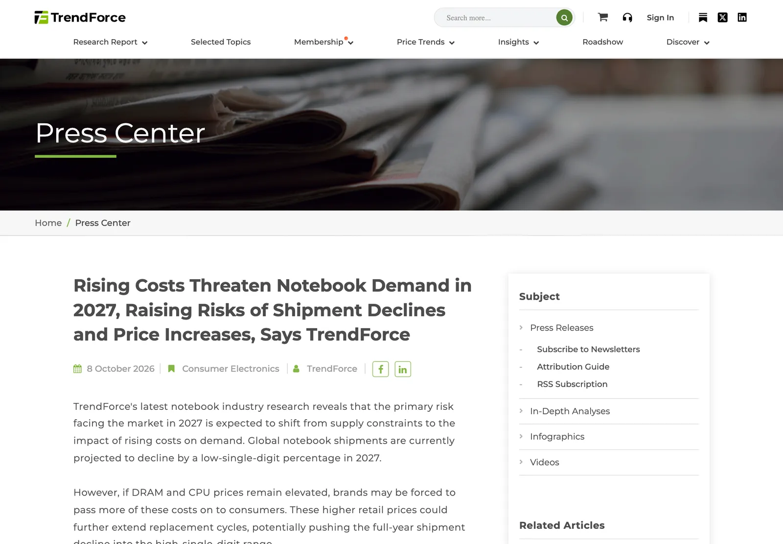ภาพหน้าจอรายงานของ TrendForce วันที่ 8 ตุลาคม 2026 เรื่องต้นทุนที่สูงขึ้นกดดันความต้องการโน้ตบุ๊กปี 2027