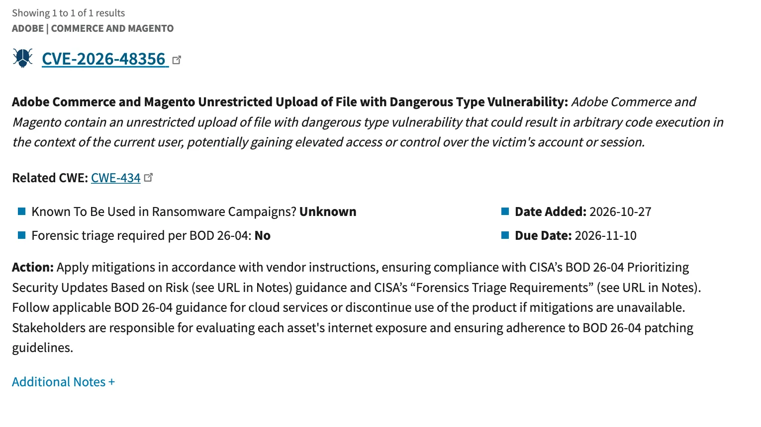 รายการ CVE-2026-48356 ในแคตตาล็อก KEV ของ CISA: Adobe Commerce and Magento Unrestricted Upload of File with Dangerous Type Vulnerability วันที่เพิ่ม 2026-10-27 กำหนดแก้ 2026-11-10