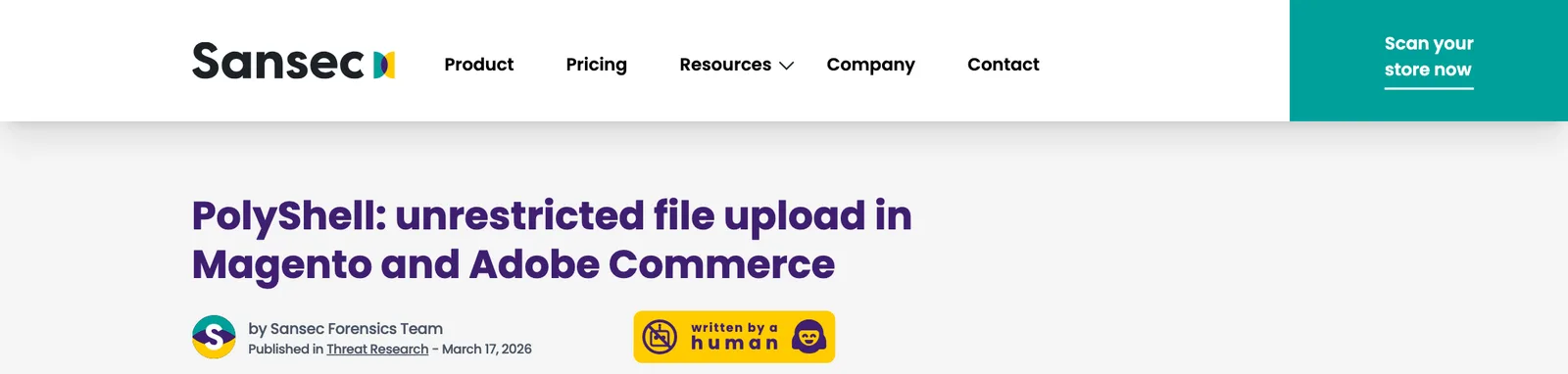 หัวรายงาน PolyShell: unrestricted file upload in Magento and Adobe Commerce ของ Sansec เผยแพร่ 17 มีนาคม 2026