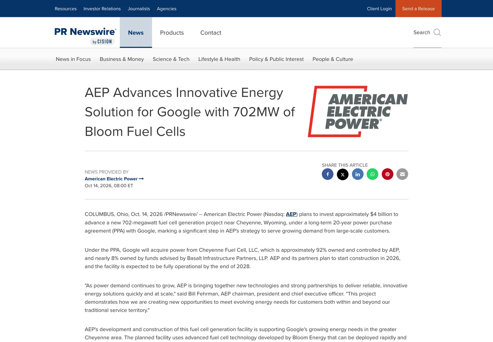 ภาพหน้าจอประกาศของ American Electric Power เรื่องดีล AEP Google โรงไฟฟ้าเซลล์เชื้อเพลิง Bloom 702 MW วันที่ 14 ตุลาคม 2026 บน PR Newswire
