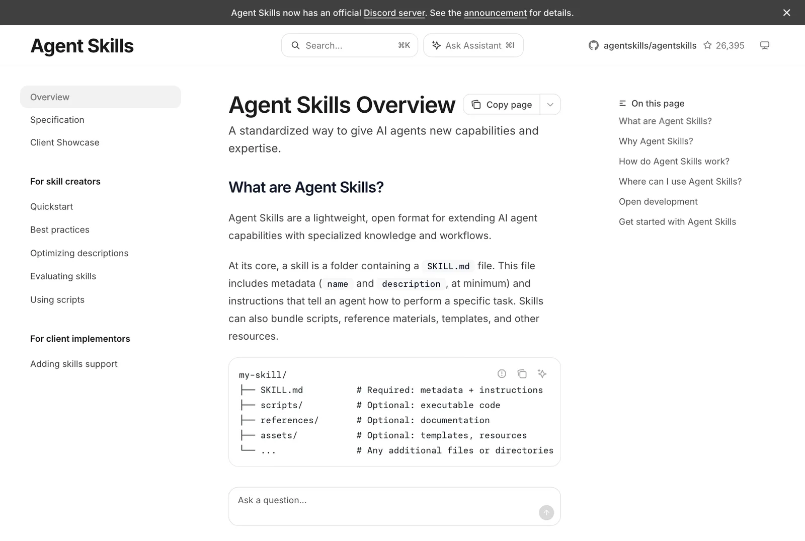 หน้า Agent Skills Overview อธิบายว่าทักษะคือโฟลเดอร์ที่มีไฟล์ SKILL.md พร้อมโฟลเดอร์ scripts, references และ assets