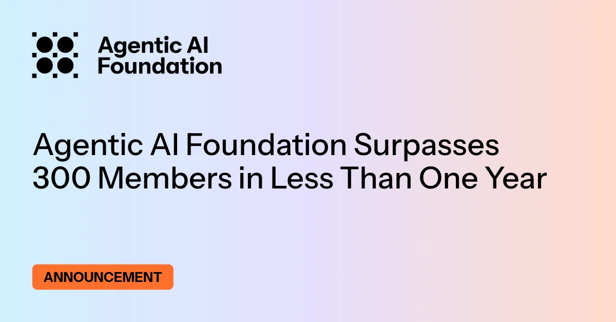 ภาพประกาศ Agentic AI Foundation Surpasses 300 Members in Less Than One Year พร้อมโลโก้มูลนิธิและป้าย Announcement