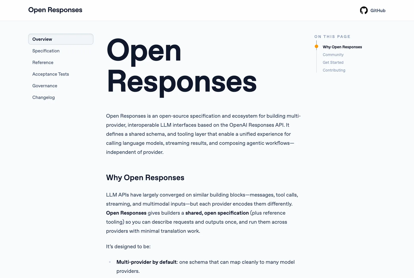 หน้าแรกเว็บไซต์ Open Responses มีเมนู Specification, Reference, Acceptance Tests และ Governance