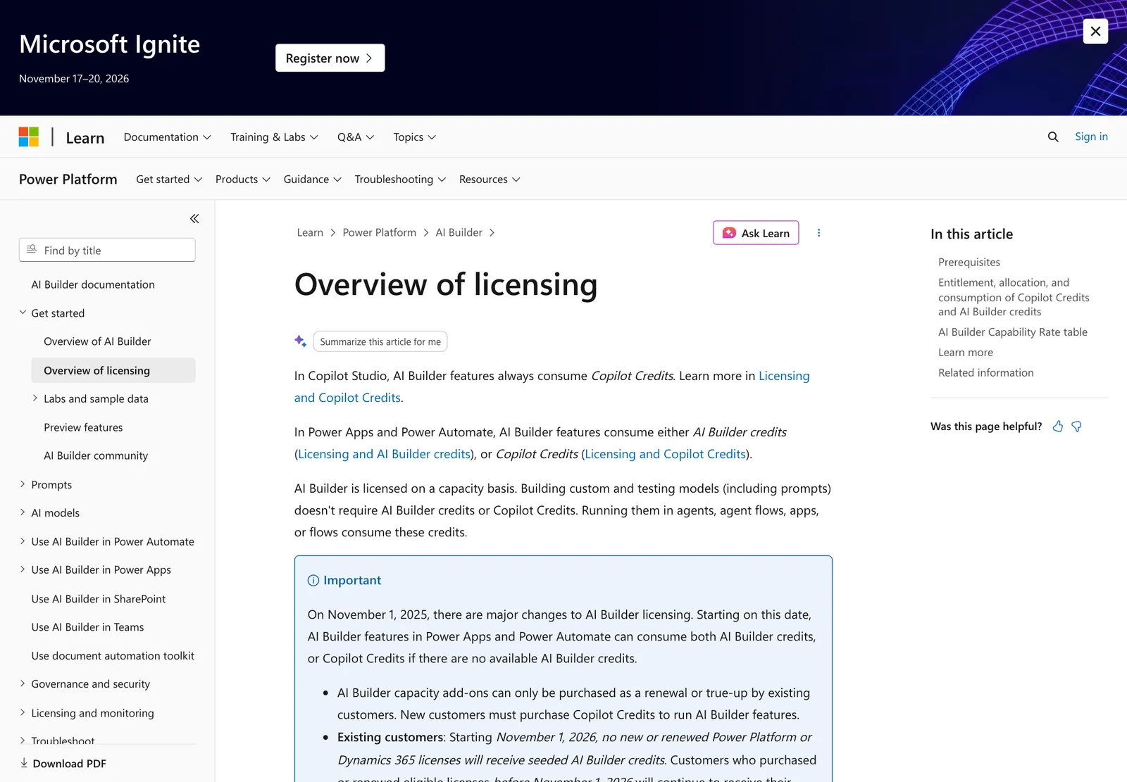 หน้า Overview of licensing ของ AI Builder บน Microsoft Learn ระบุว่าตั้งแต่ 1 พฤศจิกายน 2026 ไลเซนส์ Power Platform และ Dynamics 365 ที่ซื้อใหม่หรือต่ออายุจะไม่แถม AI Builder credits