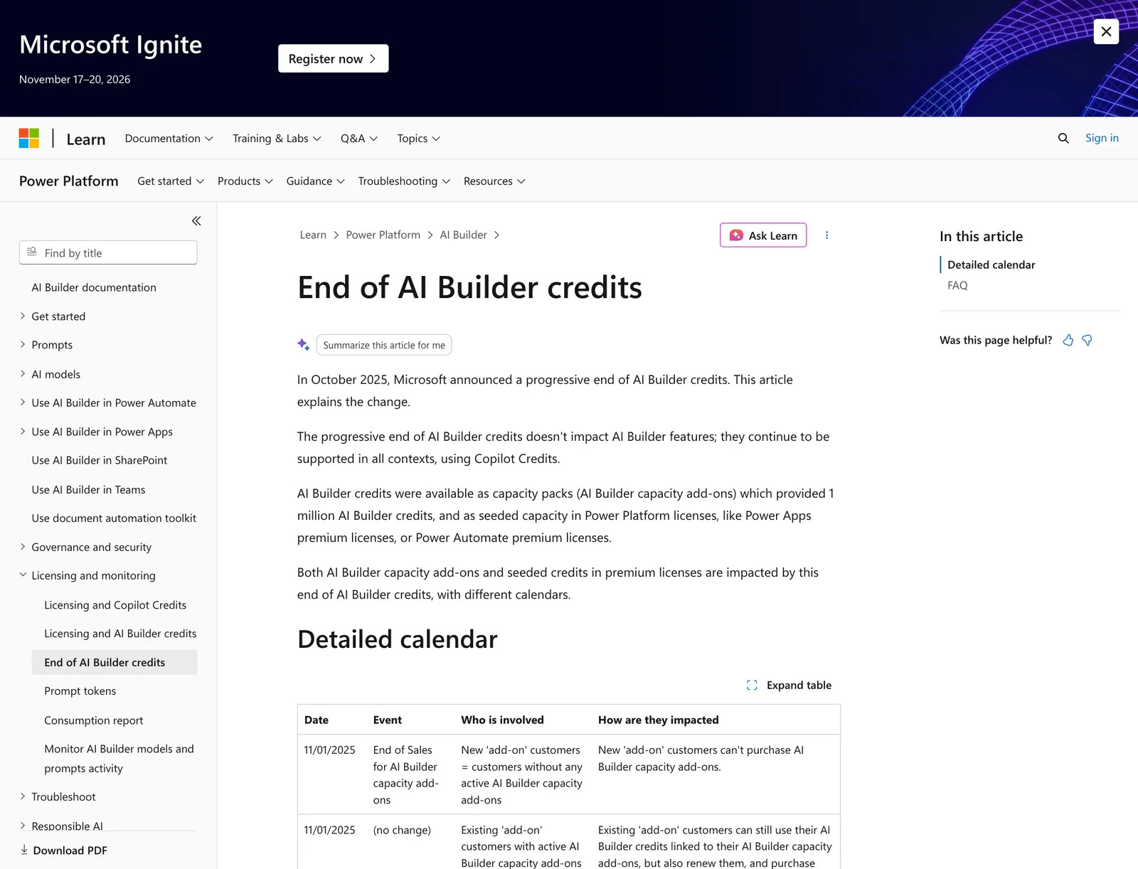 หน้า End of AI Builder credits บน Microsoft Learn แสดงปฏิทินการยุติ AI Builder credits เริ่มจากหยุดขาย capacity add-on 1 พฤศจิกายน 2025