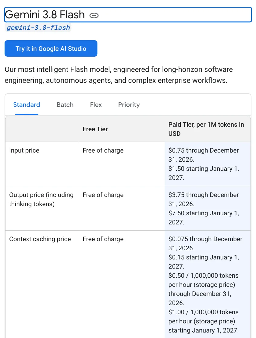 ตารางราคา Gemini 3.8 Flash บนหน้าราคา Gemini API ขาเข้า 0.75 ดอลลาร์และขาออก 3.75 ดอลลาร์ต่อล้านโทเคนถึง 31 ธันวาคม 2026 แล้วเป็น 1.50 และ 7.50 ดอลลาร์ตั้งแต่ 1 มกราคม 2027 ซึ่งกระทบต้นทุน AI ปีหน้า