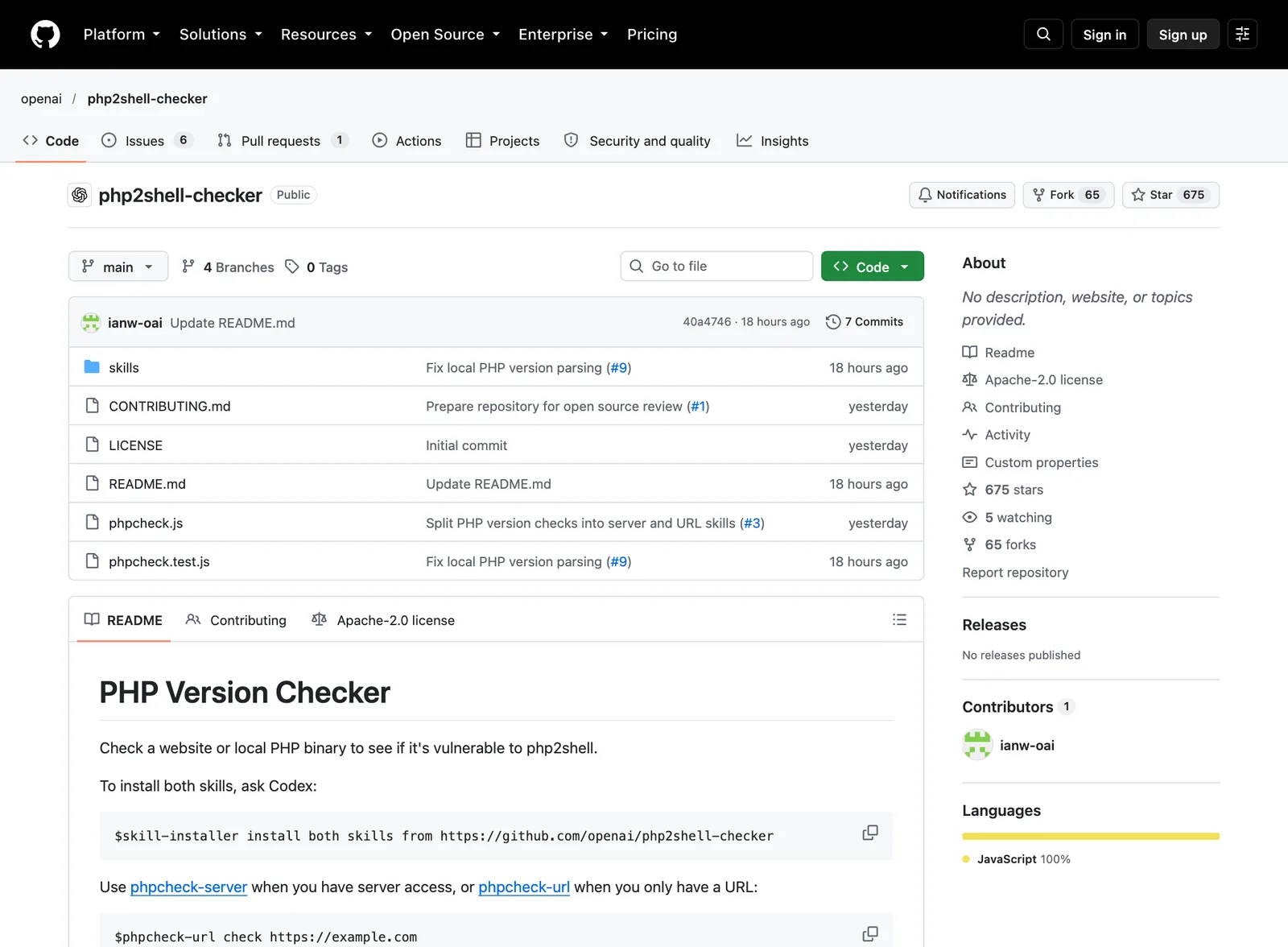 หน้า GitHub ของ openai/php2shell-checker สัญญาอนุญาต Apache-2.0 อธิบาย PHP Version Checker ที่ติดตั้งเป็น skill ของ Codex เพื่อตรวจว่าเว็บไซต์หรือ PHP ในเครื่องเสี่ยงต่อ php2shell หรือไม่