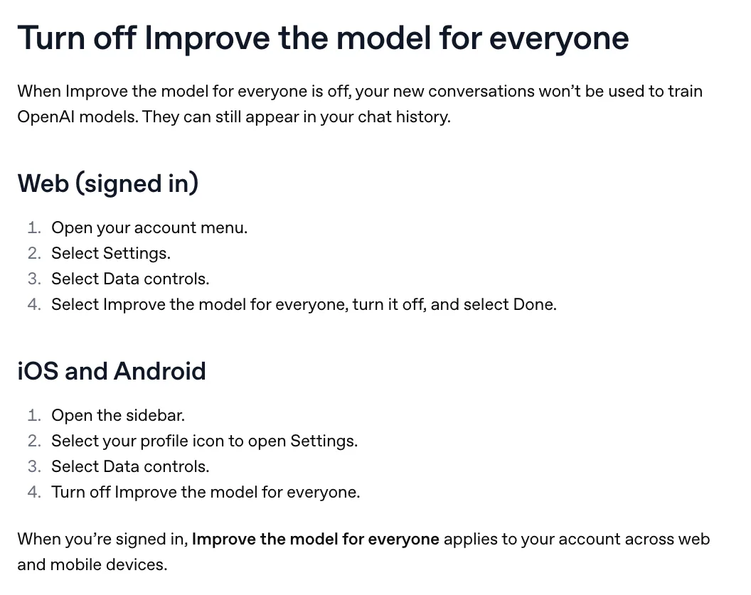 ขั้นตอนปิดการเทรน AI ใน ChatGPT ตามหน้าช่วยเหลือ Data controls: เปิด Settings > Data controls แล้วปิด Improve the model for everyone ทั้งบนเว็บ iOS และ Android