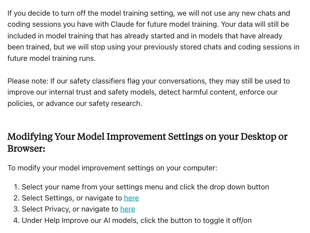 หน้าความเป็นส่วนตัวของ Anthropic อธิบายผลของการปิดการตั้งค่า model training และขั้นตอน Settings > Privacy > Help Improve our AI models บนคอมพิวเตอร์