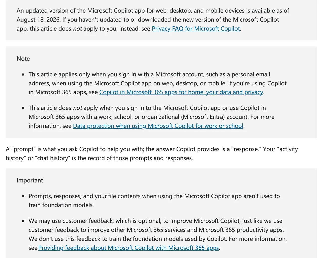 หน้าช่วยเหลือ Microsoft Copilot for individuals ระบุว่าแอปรุ่นใหม่ที่ออกเมื่อ 18 สิงหาคม 2026 ไม่ใช้พรอมต์ คำตอบ และเนื้อหาไฟล์เทรน foundation model