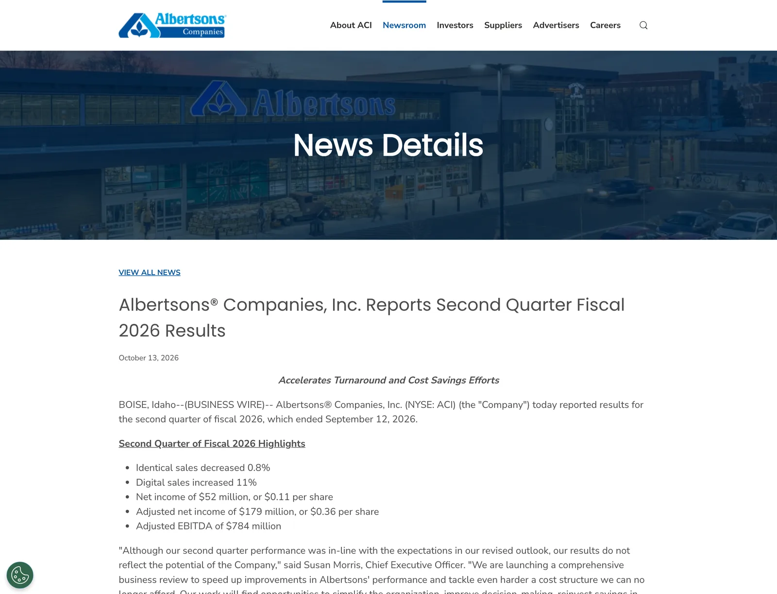 หน้าประกาศผล Albertsons Q2 ปีงบ 2026 ของ Albertsons Companies ลงวันที่ 13 ตุลาคม 2026 ระบุยอดขายสาขาเดิมลดลง 0.8% ยอดขายดิจิทัลเพิ่ม 11% และกำไรสุทธิ 52 ล้านดอลลาร์