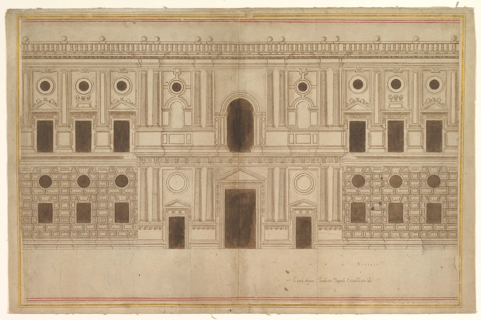 ภาพศึกษาด้านหน้าฝั่งตะวันตกของพระราชวัง Carlos V โดย Juan de Orea ราวปี 1580 ในคอลเลกชัน The Met