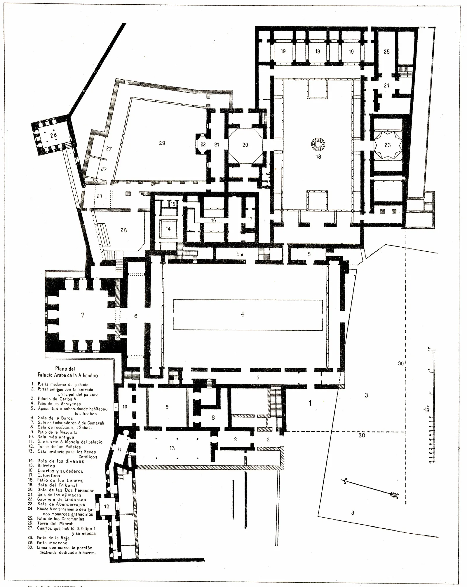 แผนผังวัง Nasrid ของพระราชวัง Alhambra จากหนังสือของ Constantin Uhde ปี 1892